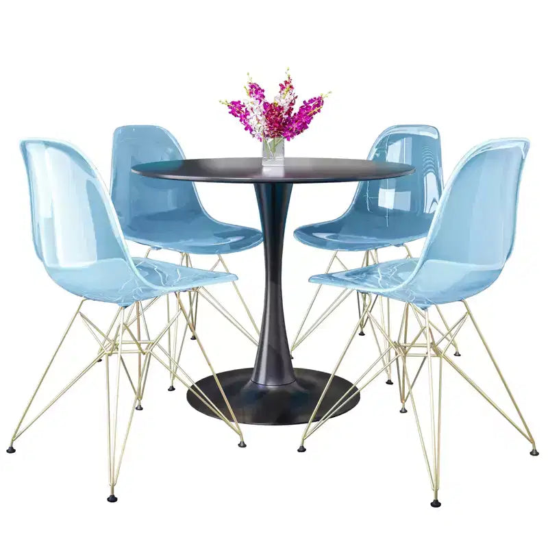 Ensemble de salle à manger 5 pièces LeisureMod avec table de salle à manger ronde de 35 po à piédestal en fer et 4 chaises d'appoint en plastique ABS avec base dorée