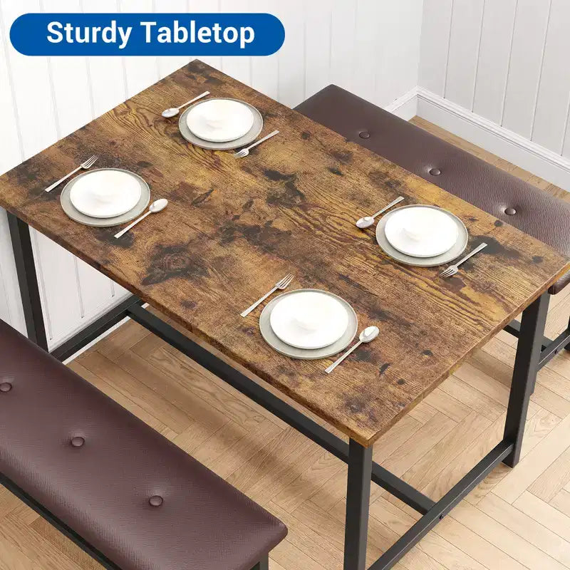 Ensemble table à manger pour 4 personnes, table de cuisine avec 2 bancs rembourrés, ensemble de salle à manger en bois, pour petit espace, appartement, maison, dîner