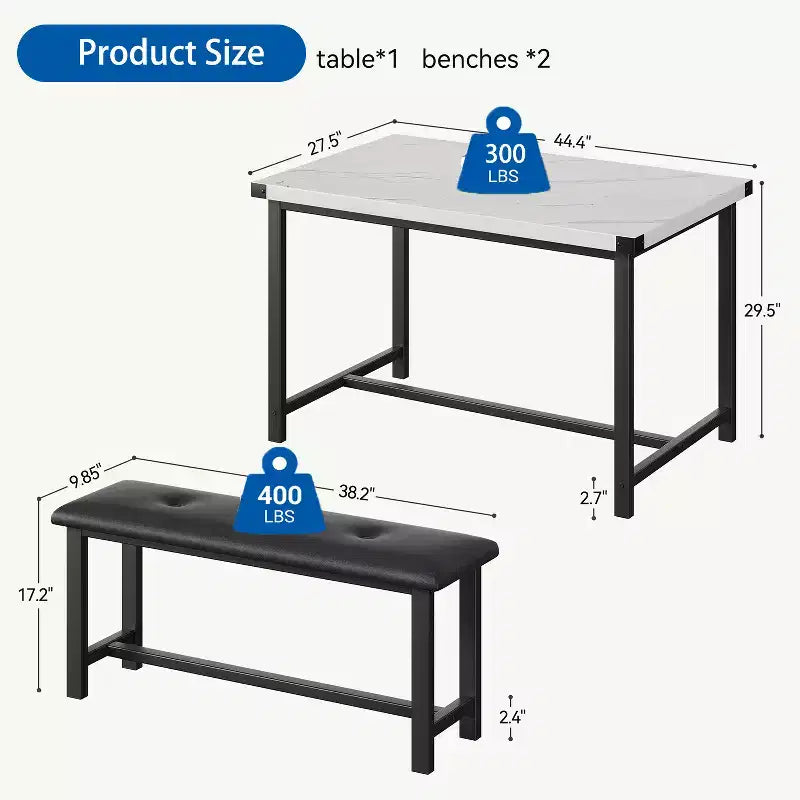 Ensemble table à manger pour 4 personnes, table de cuisine avec 2 bancs rembourrés, ensemble de salle à manger en bois, pour petit espace, appartement, maison, dîner