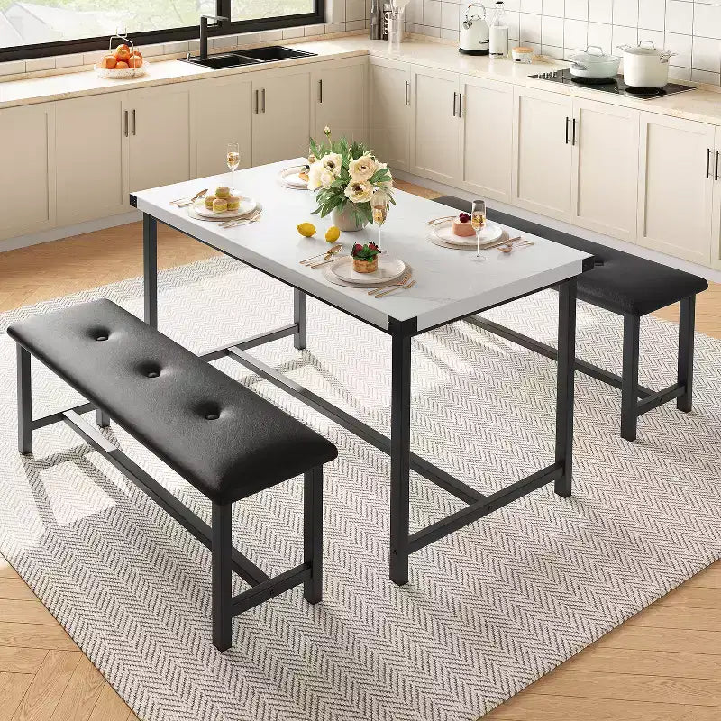 Ensemble table à manger pour 4 personnes, table de cuisine avec 2 bancs rembourrés, ensemble de salle à manger en bois, pour petit espace, appartement, maison, dîner