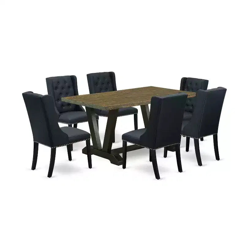 HomeStock 7-Piece Distressed Jacobean Finish Solid Wood Top Dining Table with 6 Chairs