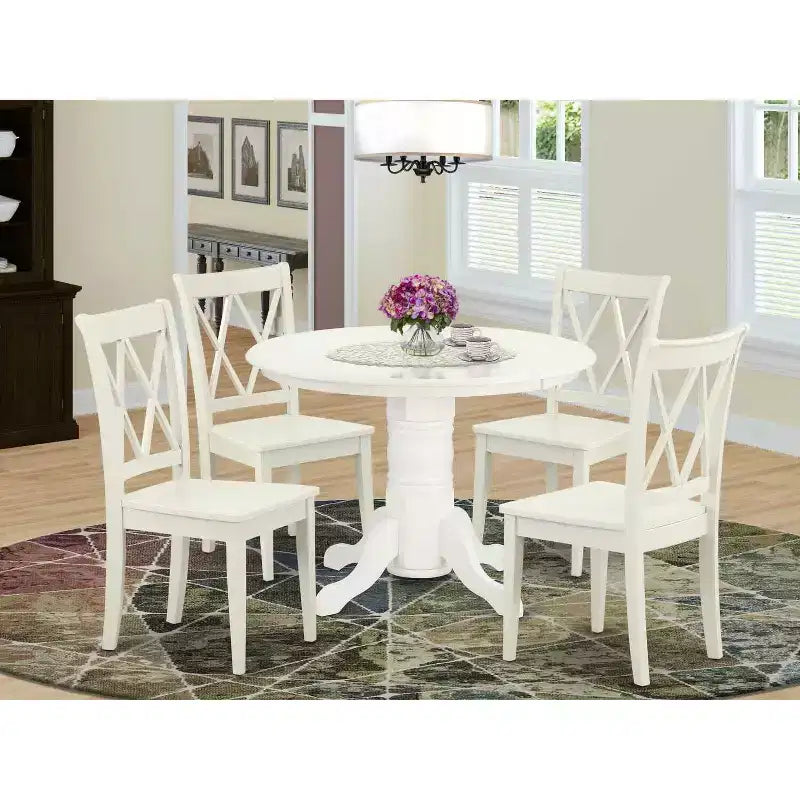 Ensemble table à manger pour 4 – Table de cuisine ronde 5 pièces avec chaises – Charme ancien – 42 pouces – Blanc lin