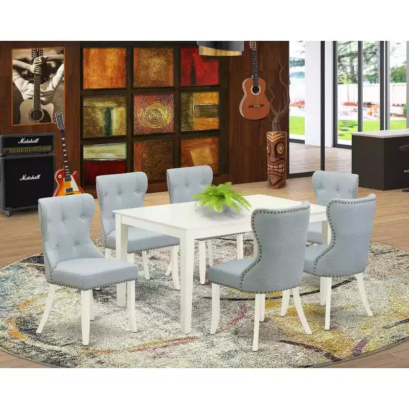 HomeStock Table à manger 7 pièces en bois massif finition lin blanc avec 6 chaises