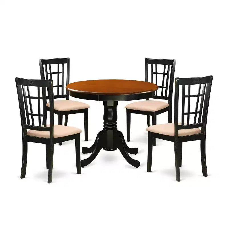 5-Piece Round Black Finish Solid Wood Top Dining table with 4-Chairs with