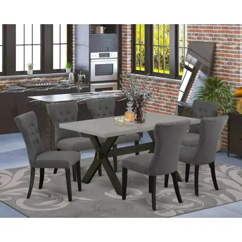 HomeStock Table de salle à manger rectangulaire en bois massif finition chêne naturel 7 pièces avec 6 chaises Parson