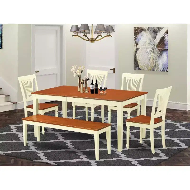 HomeStock Table à manger 6 places rectangulaire avec plateau en bois massif finition merisier "Buttermilk", 1 banc et 4 chaises