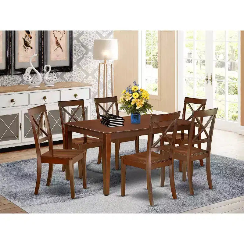 Ensemble de salle à manger médiéval 7 pièces - Table rectangulaire 60" et 6 chaises - Mobilier en bois classique pour la maison