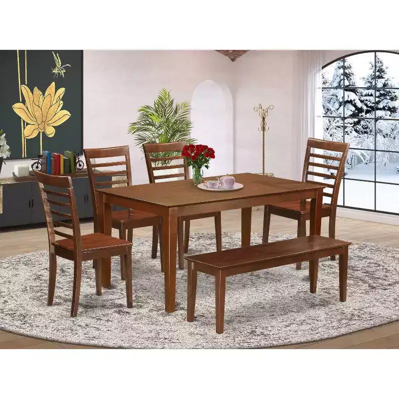 HomeStock Table de salle à manger 6 places rectangulaire en bois massif finition acajou avec 1 banc et 4 chaises