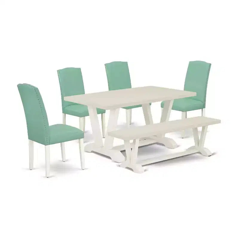 HomeStock 6-Piece Rectangle Wire Brushed Linen White Finish Solid Wood Top Dining Table with 1-Bench, 4-Chairs