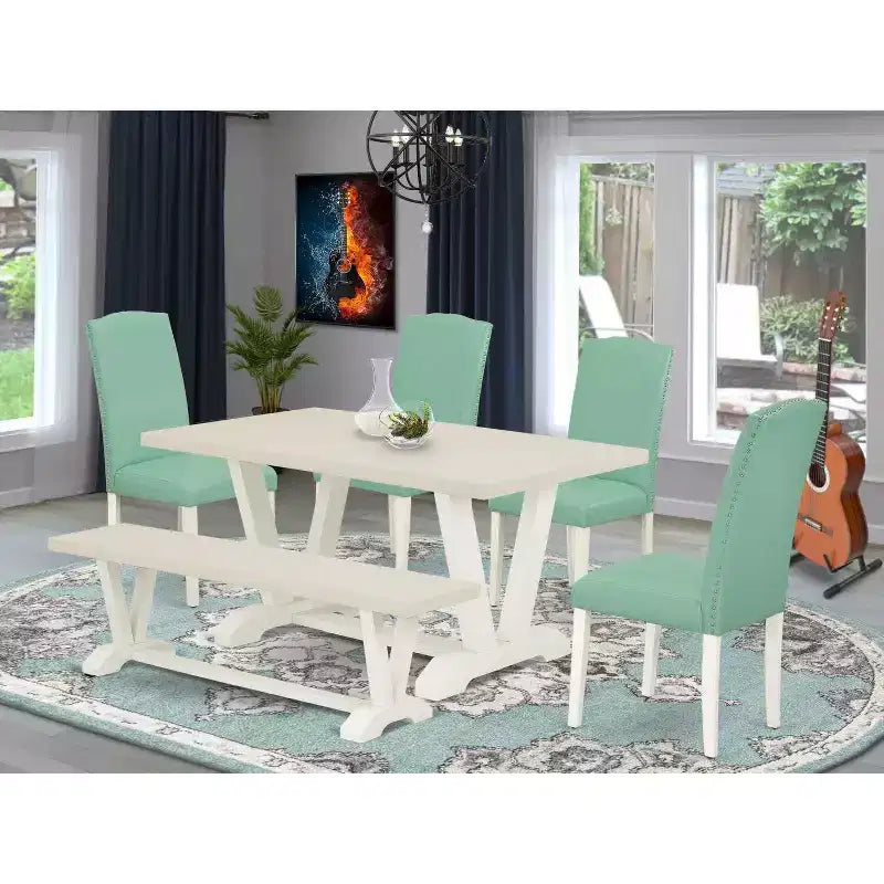 HomeStock Table de salle à manger 6 pièces rectangulaire en bois massif brossé blanc lin avec 1 banc et 4 chaises