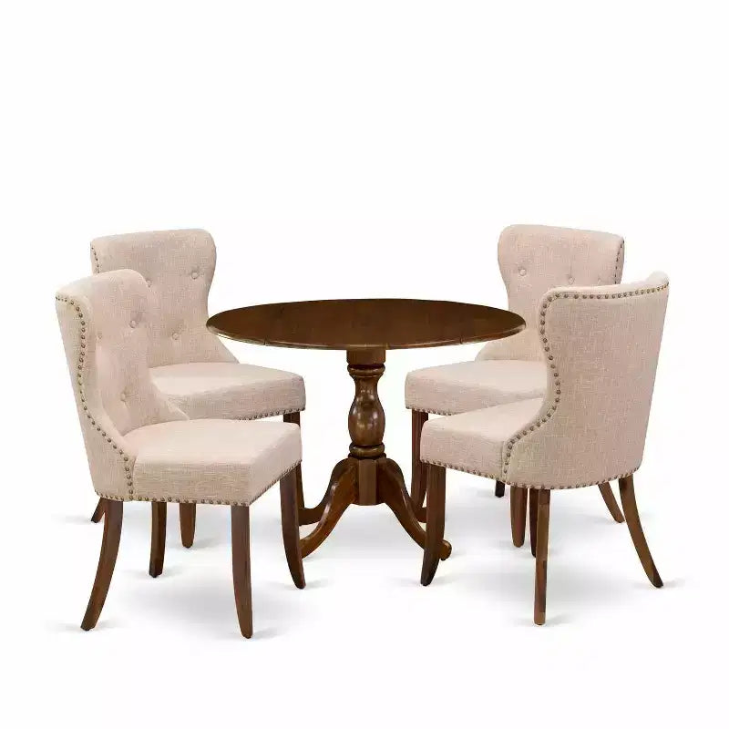 HomeStock 5-Piece Antique Walnut Finish Solid Wood Top Dining table with 4 Chairs with Drop Leaf Lattice Back