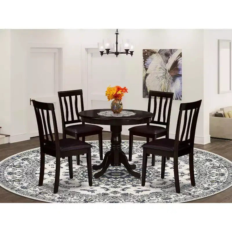 Table à manger ronde 5 pièces, plateau en bois massif finition cappuccino avec 4 chaises avec