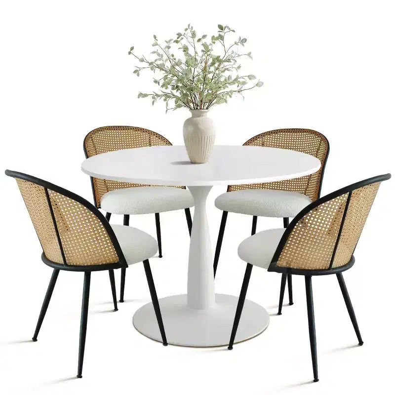 Ensemble de salle à manger rond 5 pièces pour 4 personnes, avec 4 chaises de salle à manger en tissu bouclé et dossier en rotin tressé, mobilier d'intérieur - Panipeachy