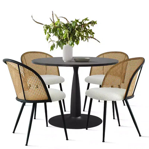 Ensemble de salle à manger rond 5 pièces pour 4 personnes, avec 4 chaises de salle à manger en tissu bouclé et dossier en rotin tressé, mobilier d'intérieur - Panipeachy