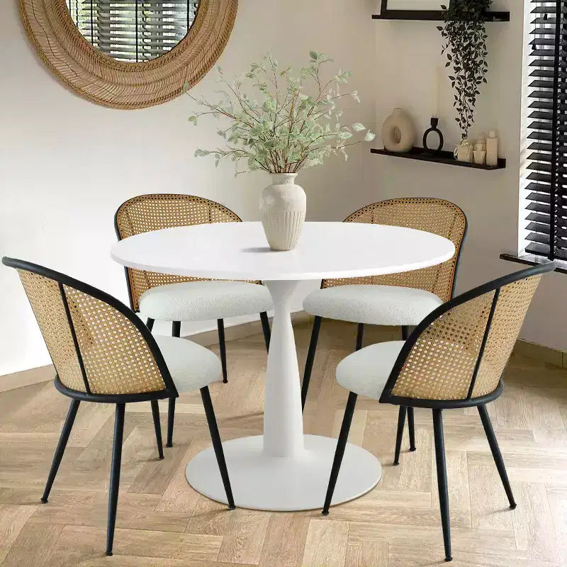 Ensemble de salle à manger rond 5 pièces pour 4 personnes, avec 4 chaises de salle à manger en tissu bouclé et dossier en rotin tressé, mobilier d'intérieur - Panipeachy