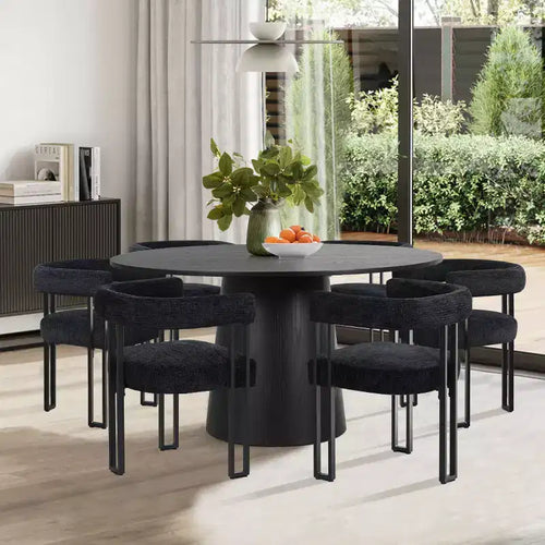 7-Piece Round Dining Table Set with 6 Upholstered Chenille Chairs, 52 Modern Pedestal Table with Metal Leg Dining Chairs for Kitchen-Panipeachy