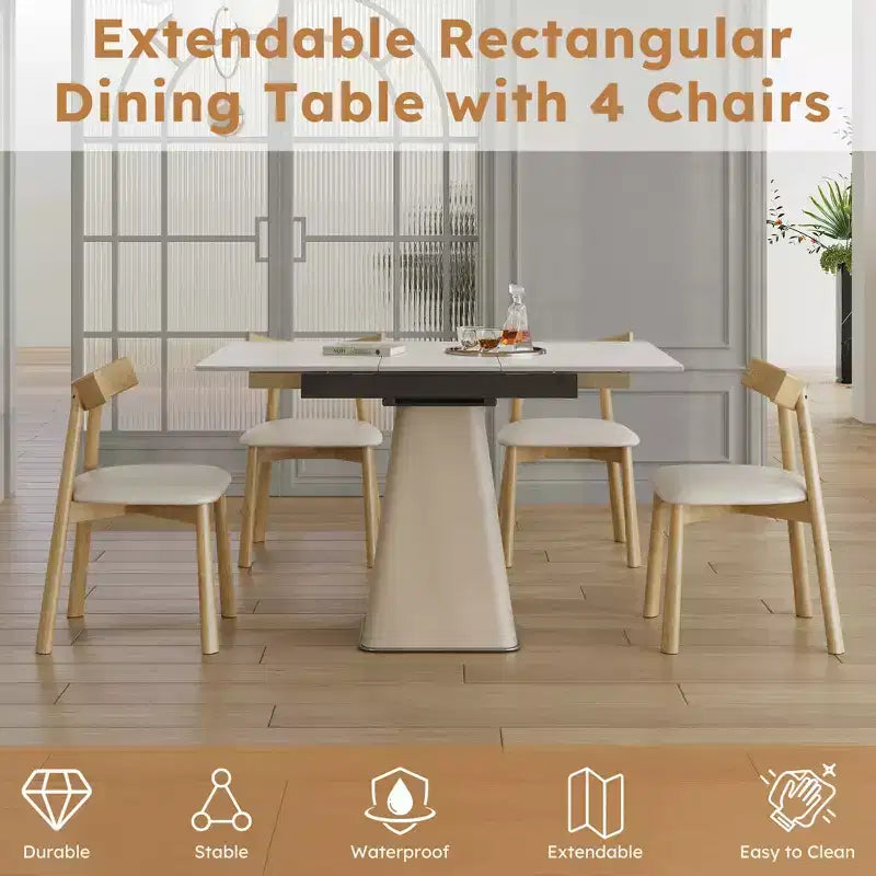 Ensemble de salle à manger extensible GDFStudio Lin 5 pièces en cuir, avec 4 chaises, plateau en pierre frittée et base en acier