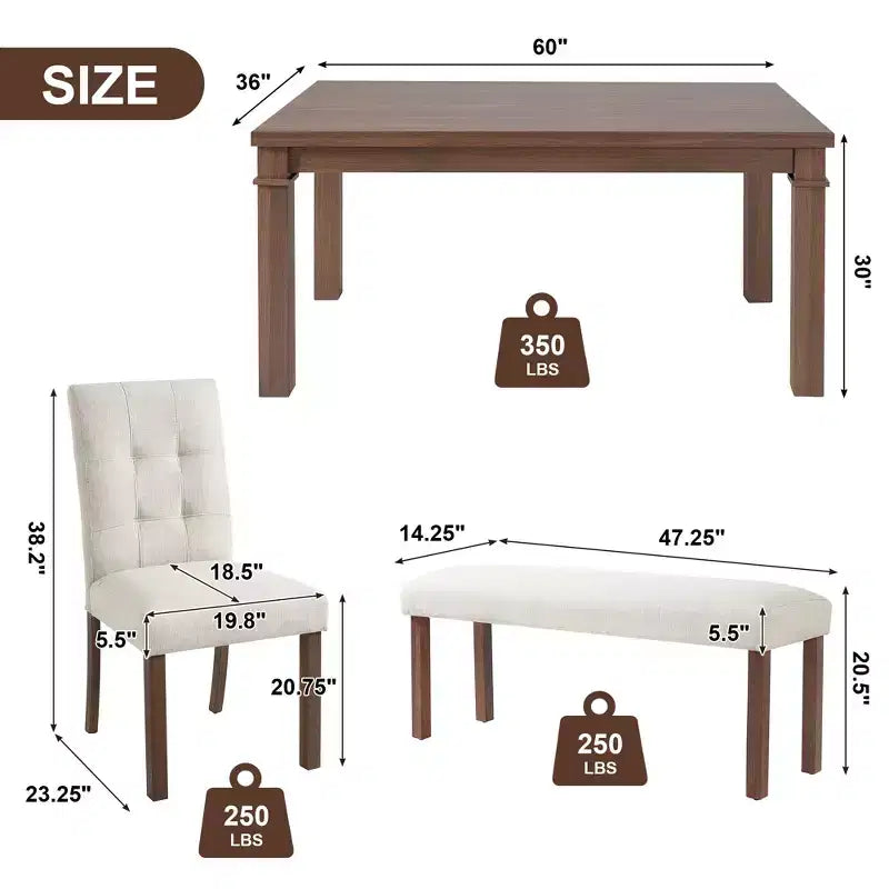GDFStudio Jordan Ensemble repas moderne 6 pièces avec table rectangulaire, 4 chaises rembourrées et banc