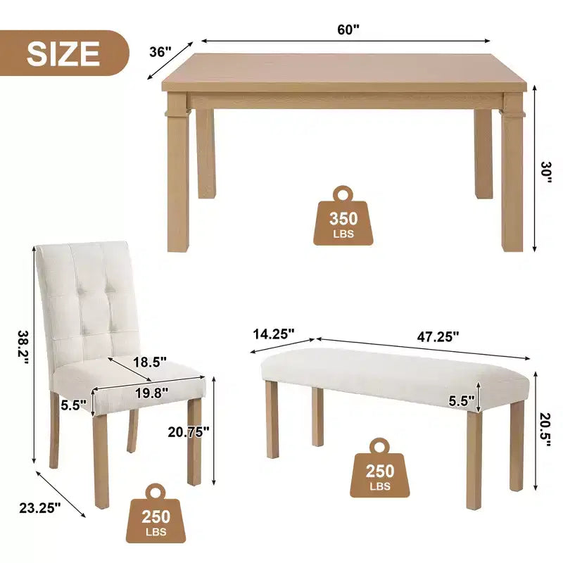 GDFStudio Jordan Ensemble repas moderne 6 pièces avec table rectangulaire, 4 chaises rembourrées et banc