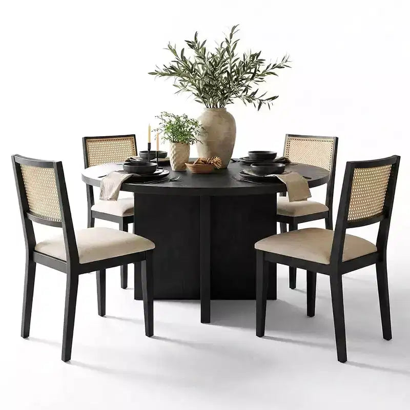Ensemble de salle à manger rond 52 avec base sculpturale en forme de piédestal, chaises à dossier en cannage et sièges rembourrés de couleur neutre pour les maisons modernes-Panipeachy