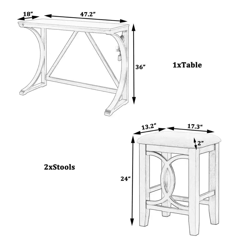 JVNOXK Ensemble table et 2 tabourets de bar style campagnard, ports USB intégrés et tabourets rembourrés, idéal pour les salles à manger, blanc
