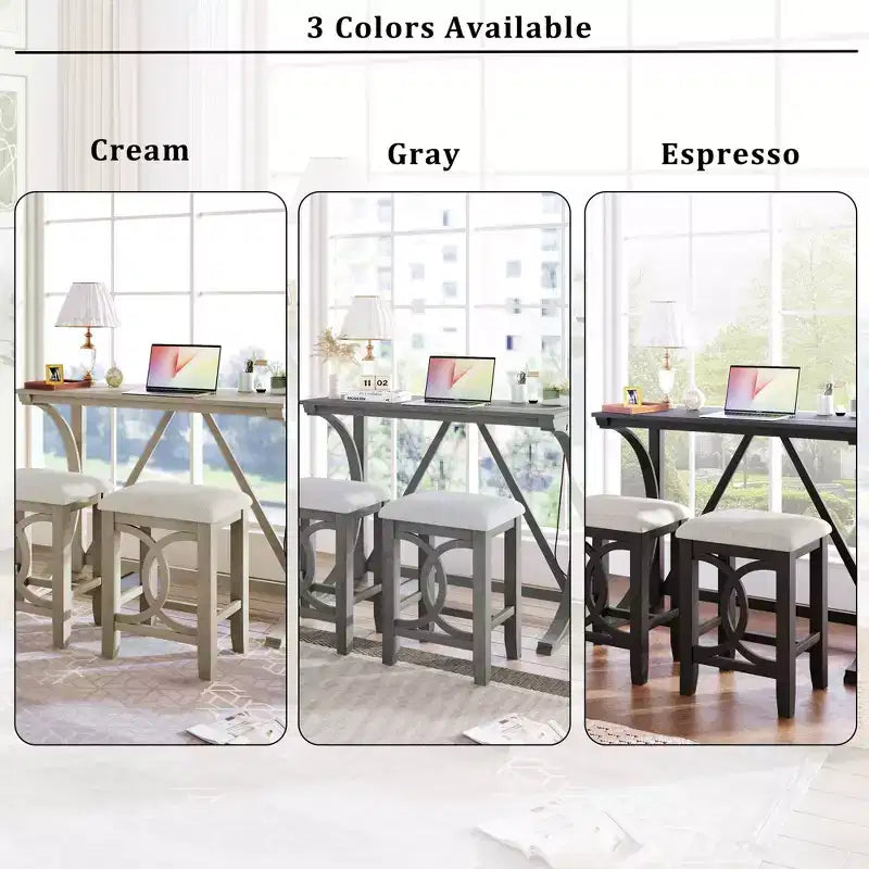 JVNOXK Ensemble table et 2 tabourets de bar style campagnard, ports USB intégrés et tabourets rembourrés, idéal pour les salles à manger, blanc