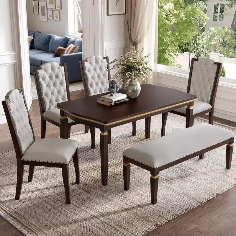 Ensemble de salle à manger 6 pièces GDFStudio Mathis avec table rectangulaire de 60 po, 4 chaises capitonnées à dossier haut et 1 banc