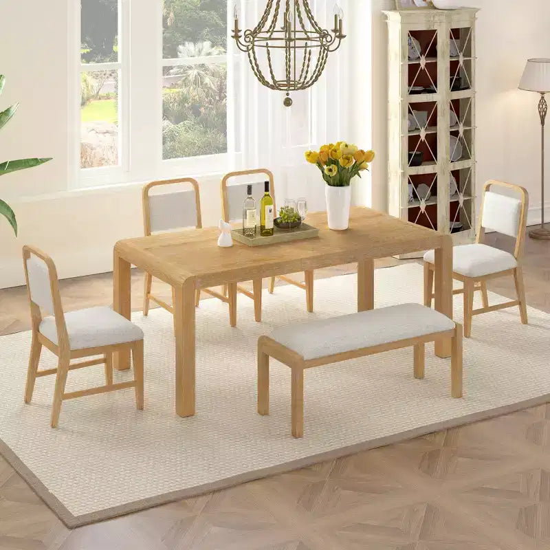 Ensemble de salle à manger vintage extensible pour 6 personnes avec 4 chaises rembourrées et un banc, table de cuisine rustique brossée à la main avec design incurvé