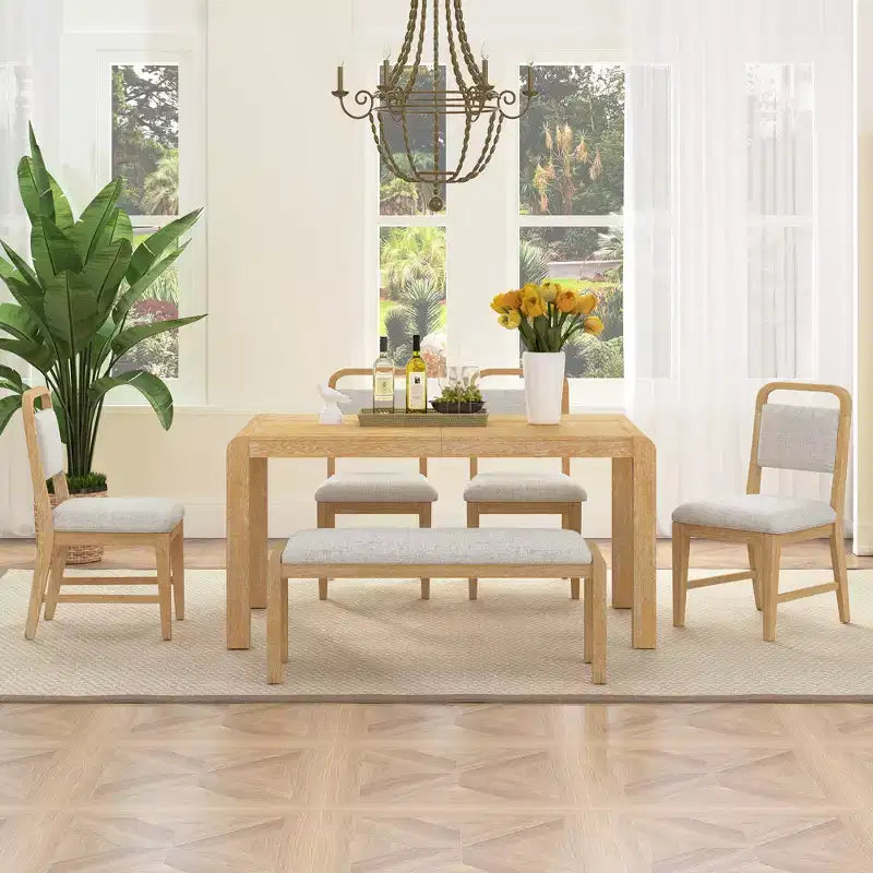 Ensemble de salle à manger vintage extensible pour 6 personnes avec 4 chaises rembourrées et un banc, table de cuisine rustique brossée à la main avec design incurvé
