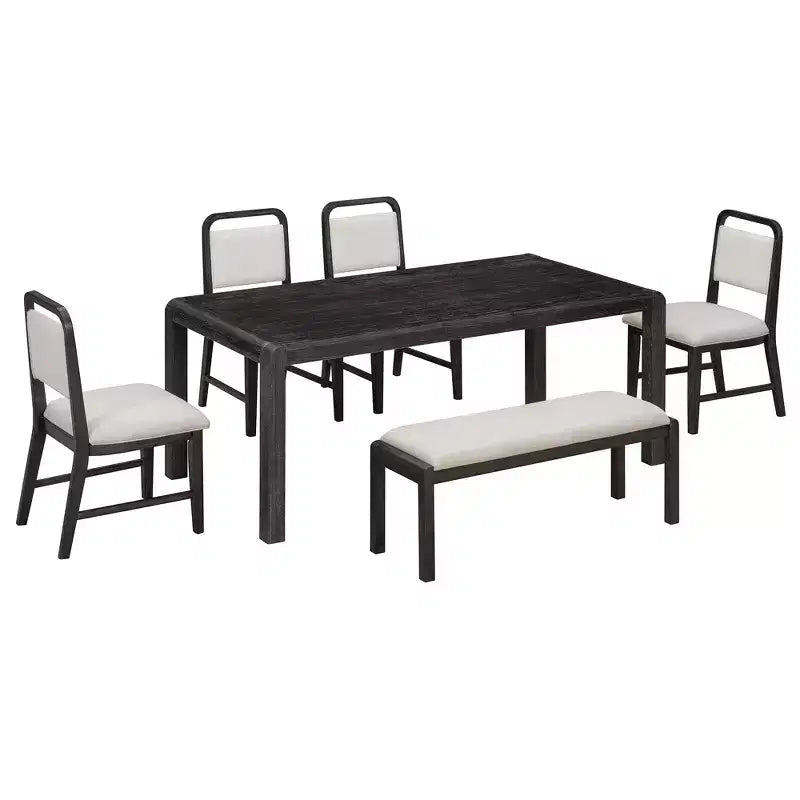 Ensemble de salle à manger vintage extensible pour 6 personnes avec 4 chaises rembourrées et un banc, table de cuisine rustique brossée à la main avec design incurvé