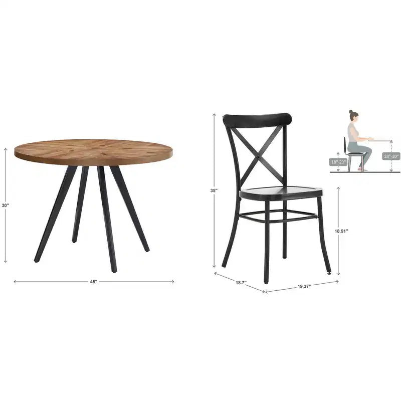 Table de salle à manger ronde Jolana avec plateau en chêne et pieds noirs et ensemble de chaises en métal à dossier en X - iNSPIRE Q