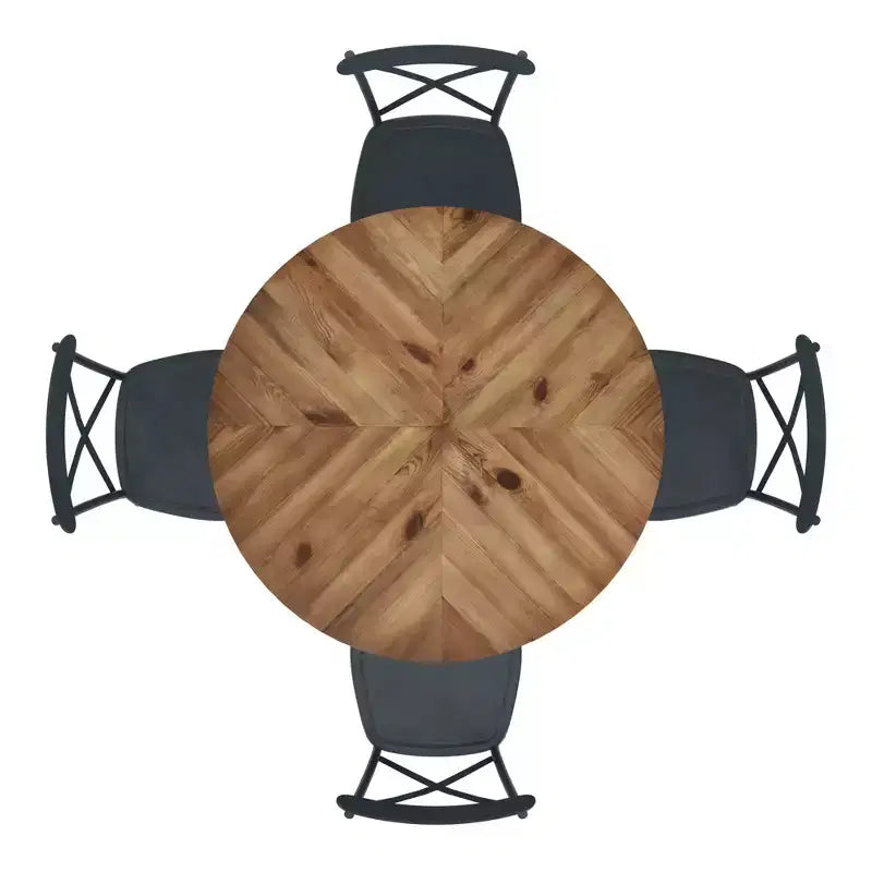Table de salle à manger ronde Jolana avec plateau en chêne et pieds noirs et ensemble de chaises en métal à dossier en X - iNSPIRE Q