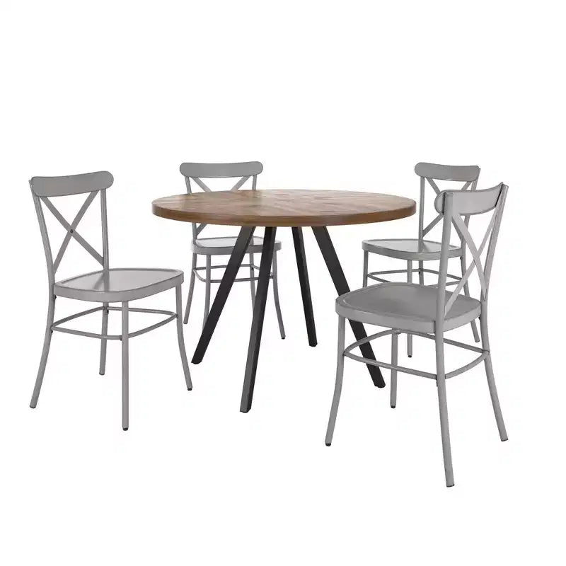 Table de salle à manger ronde Jolana avec plateau en chêne et pieds noirs et ensemble de chaises en métal à dossier en X - iNSPIRE Q