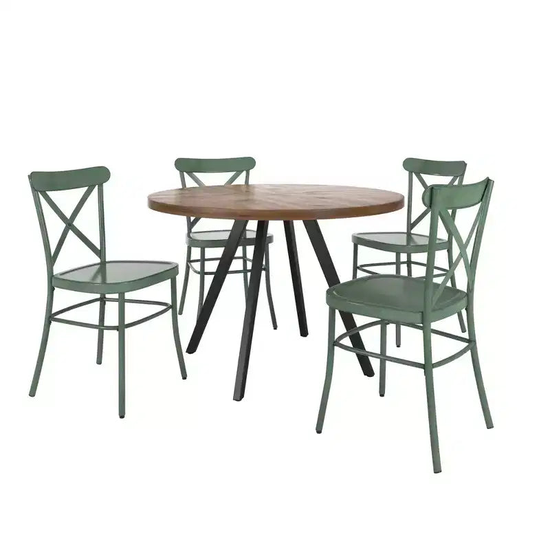 Table de salle à manger ronde Jolana avec plateau en chêne et pieds noirs et ensemble de chaises en métal à dossier en X - iNSPIRE Q