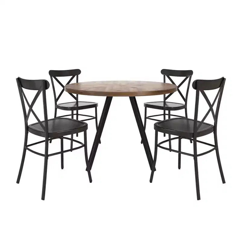 Table de salle à manger ronde Jolana avec plateau en chêne et pieds noirs et ensemble de chaises en métal à dossier en X - iNSPIRE Q