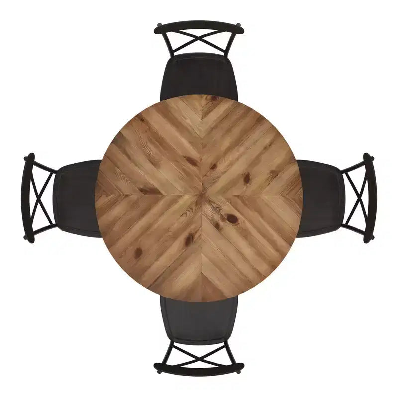 Table de salle à manger ronde Jolana avec plateau en chêne et pieds noirs et ensemble de chaises en métal à dossier en X - iNSPIRE Q