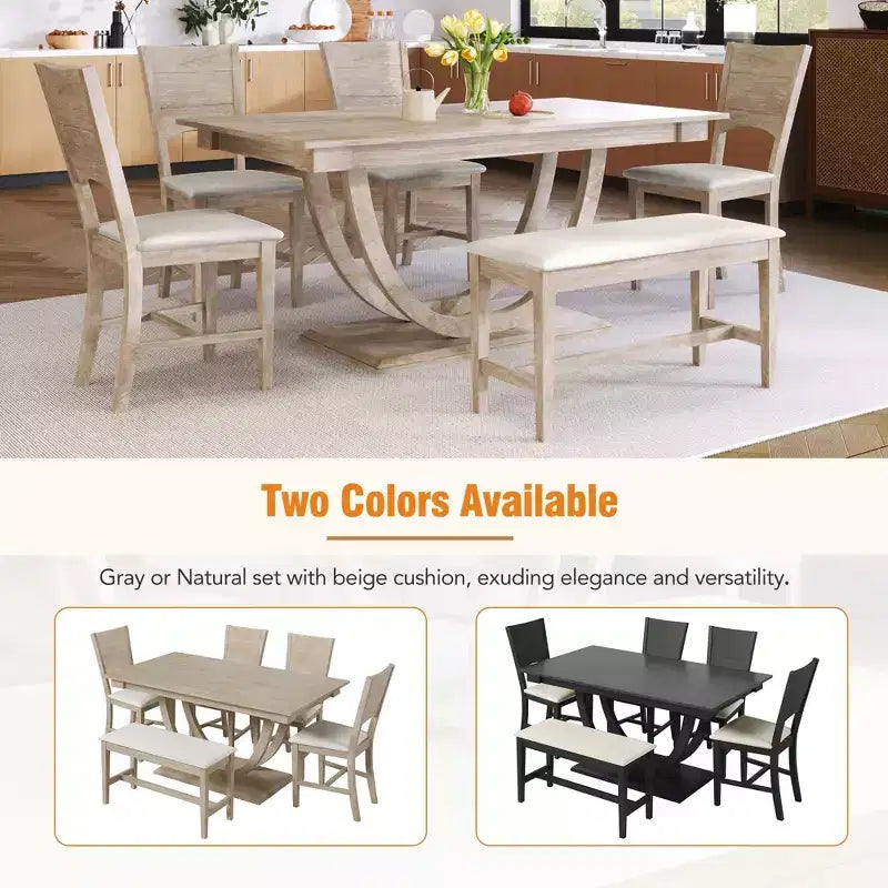 Ensemble de salle à manger 6 pièces pour 6 personnes, ensemble de table de cuisine familiale avec chaises de salle à manger et banc rembourrés ergonomiques - ModernLuxe