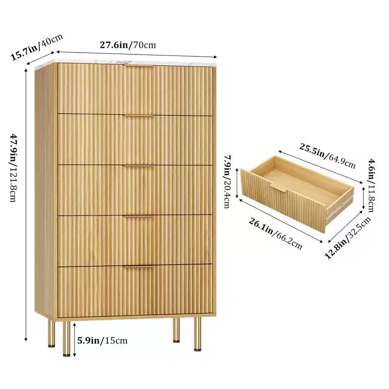 Commode 5 tiroirs blanc / marbre et bois – Panneau cannelé, pour usage individuel