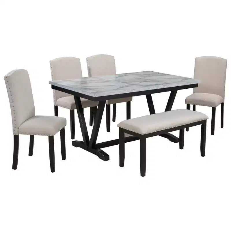 Ensemble de salle à manger 6 places ModernLuxe, table rectangulaire avec pieds en V, 4 chaises rembourrées et banc, blanc