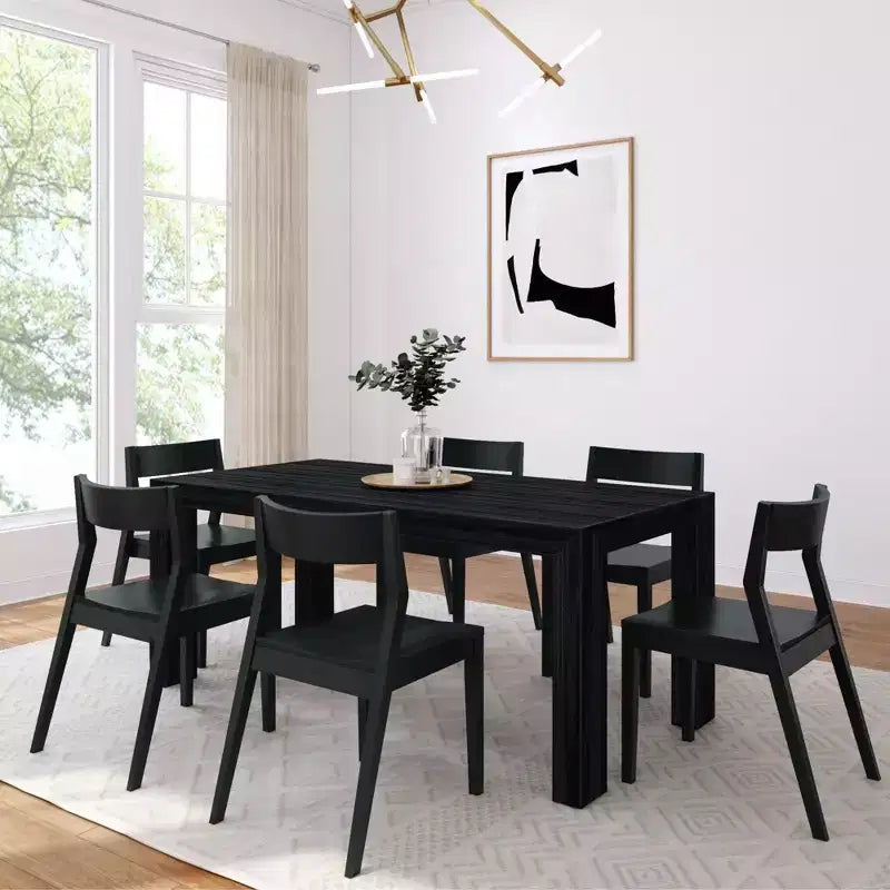 Ensemble de table à manger Plank+Beam 72 Modern en bois massif, brosse métallique noire, + 6 chaises