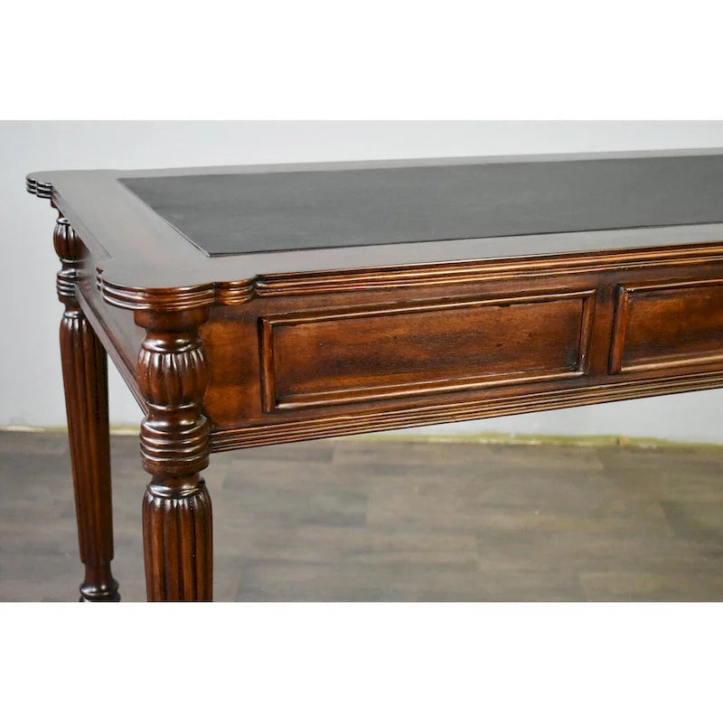 Bureau victorien en acajou massif, brun foncé / brun clair, avec plateau en cuir noir et 3 tiroirs – Unité simple